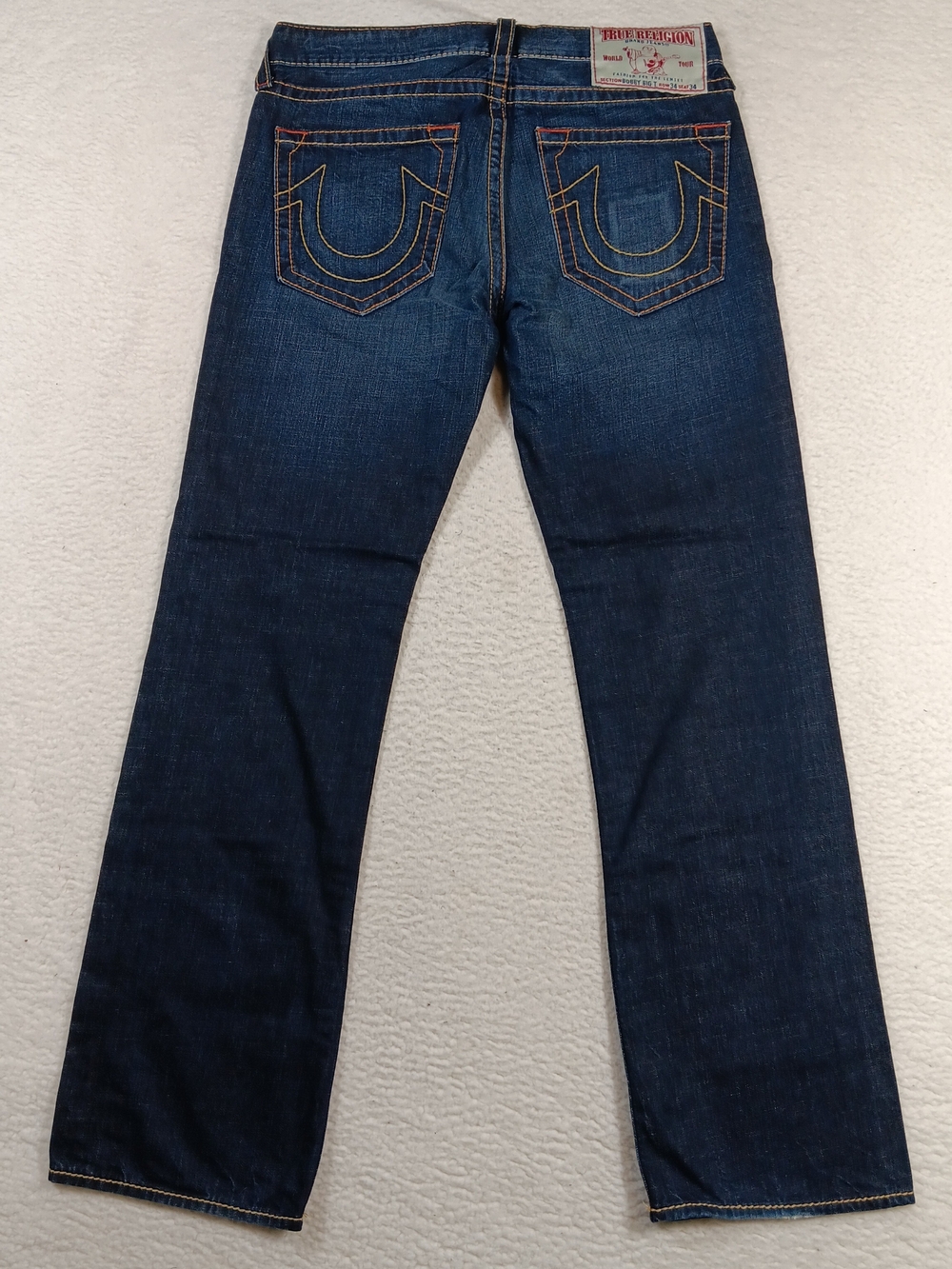 True Religion Jeans Mens 34x34 Blue Denim Bobby Big T Bootcut Thick Stitch